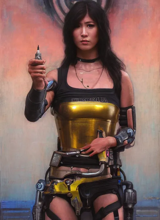 Image similar to Nikki Tanaka. Beautiful Feminist Cyberpunk mechanic with robotic legs. (Cyberpunk 2077, bladerunner 2049). Iranian orientalist portrait by john william waterhouse and Edwin Longsden Long and Theodore Ralli and Nasreddine Dinet, oil on canvas. Cinematic, vivid colors, hyper realism, realistic proportions, dramatic lighting, high detail 4k