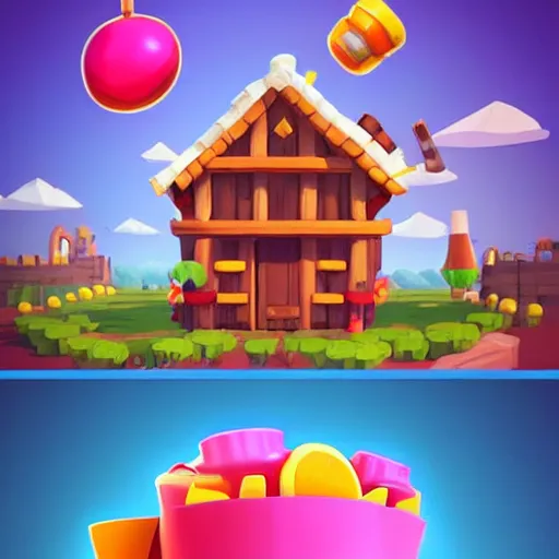 Image similar to a farming mobile game, cute, rounded house and cute character, funny, retro and fantasy style, clash royale style, candy rush style, pinterest