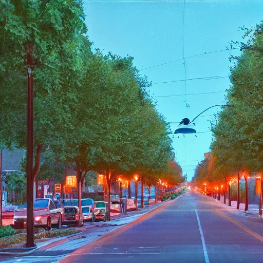 Prompt: avenue, median with trees, uptown neighborhood, neighborhood, liminal space, traffic lights, blue hour