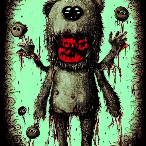 Image similar to dark art cartoon grunge drawing of a teddy bear playing with toys with bloody eyes by tim burton - loony toons style, horror theme, detailed, elegant, intricate, trending on art station