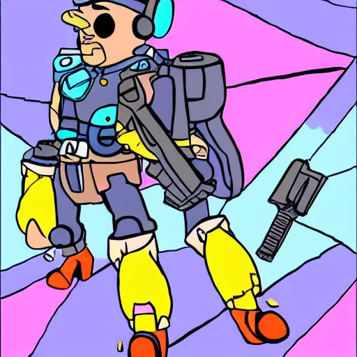 Prompt: cyberpunk soldier, cartoon, mario 64 style, dream, pastel palette, cute