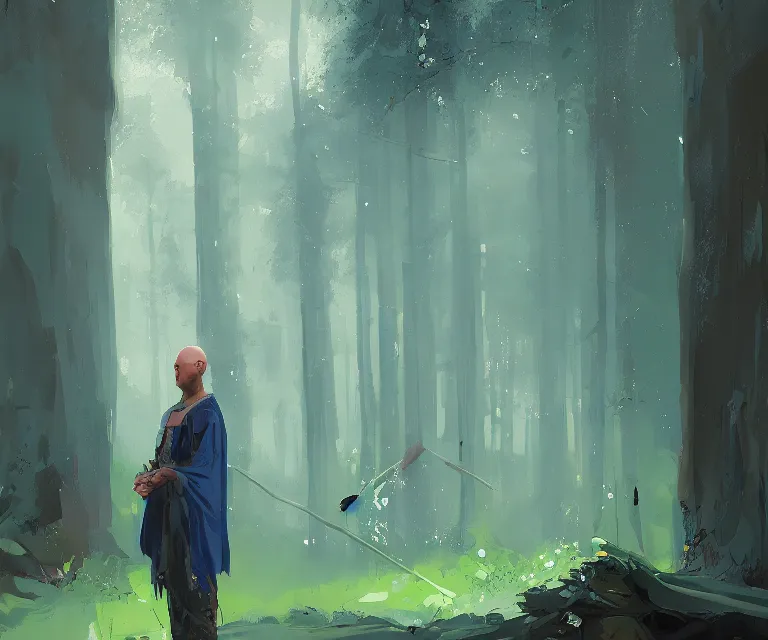 Image similar to painting portrait of a young bald blue - skinned wizard in a forest, by ismail inceoglu