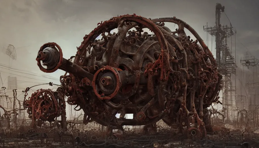 Prompt: Techno-biological rusty modern double cannon tank consisting of tumors, meat, veins, bones, guts, kidneys, wires. Biopunk, body-horror, high detail, photorealism, full length view, very rust, concept art, octane render, 16k, 8k