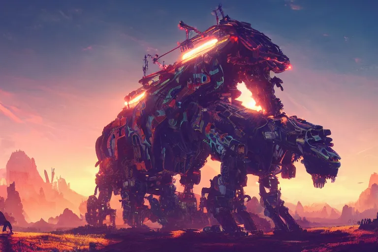 Image similar to behemoth machine mecanical creature robot of horizon forbidden west horizon zero dawn radiating a glowing aura global illumination ray tracing hdr fanart arstation by ian pesty and alena aenami artworks in 4 k