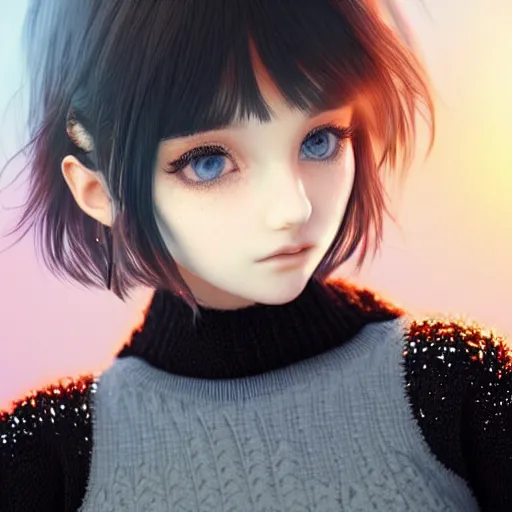 Image similar to beautifully pretty surfer girl, 2 2 years old, black sweater, grey checkered skirt, very cute features, glittery short black hair, blue eyes, universal volumetric lighting, soft glow, by range murata, highly detailed intricately sharp focus, trending on pinterest, unreal engine 5 4 k uhd image