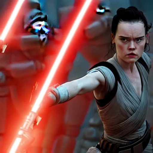 Image similar to evil corrupted daisy ridley as rey, using the force to kill stormtroopers, sith lord, dark side, cinematic movie image, both hands raised to use the force, hd star wars photo