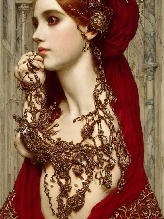 Image similar to a beautiful render of a catholic veiled red queen with symmetry intricate detailed ,heart sculpture,by Lawrence Alma-Tadema,aaron horkey,Billelis,trending on pinterest,hyperreal,jewelry,gold,intricate,maximalist,glittering,golden ratio,cinematic lighting