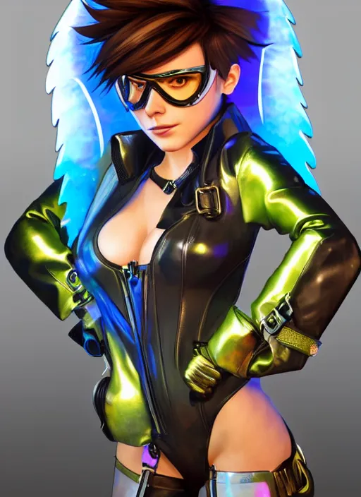 Prompt: portrait bust digital artwork of tracer overwatch, wearing iridescent rainbow latex and leather straps catsuit outfit, in style of mark arian, angel wings, wearing detailed leather collar, chains, black leather harness, detailed face and eyes,