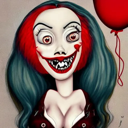 Image similar to grunge cartoon painting of kylie jenner with a wide smile and a red balloon by chris leib, loony toons style, pennywise style, corpse bride style, horror theme, detailed, elegant, intricate