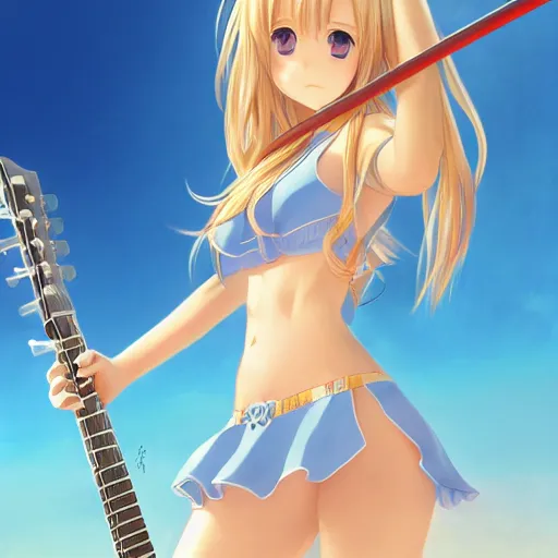 Image similar to a very beautiful little yuuki asuna playing guitar, full body, long wavy blond hair, sky blue eyes, full round face,, bikini, miniskirt, front view, mid - shot, highly detailed, cinematic wallpaper by stanley artgerm lau