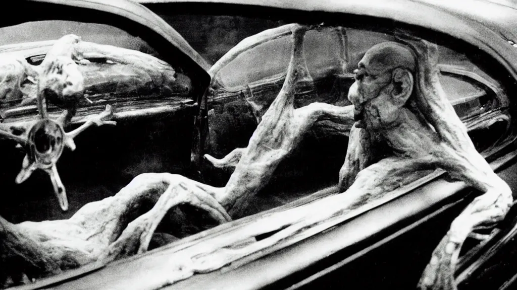 Image similar to the creature sits in a car, view of the car, made of wax and metal, film still from the movie directed by David Cronenberg with art direction by Salvador Dalí, wide lens