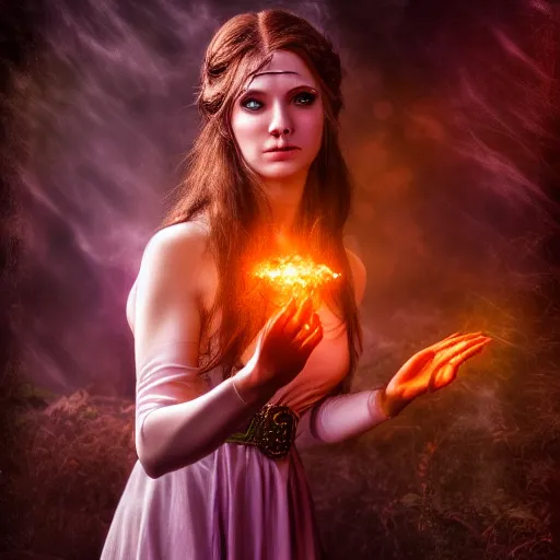 Image similar to female warlock casting magic spell ,fantasy, D&D, HDR, natural light, dynamic pose, award winning photograph, 8k, Mucha style,