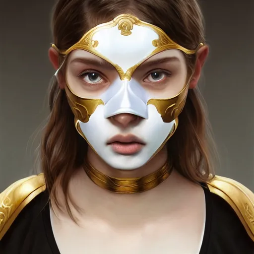 Image similar to 1 5 year old white girl with a white shirt that has one shoulder visible, wears black sports shorts and a golden mask on her face, intricate, highly detailed, digital painting, artstation, concept art, smooth, sharp focus, illustration, unreal engine 5, 8 k, art by artgerm and greg rutkowski and alphonse mucha