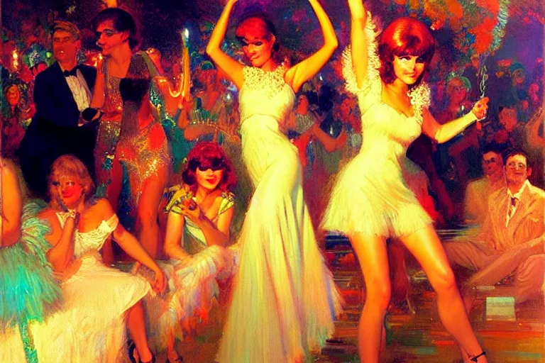 Prompt: sixties disco party, summer, neon light, painting by gaston bussiere, craig mullins, j. c. leyendecker