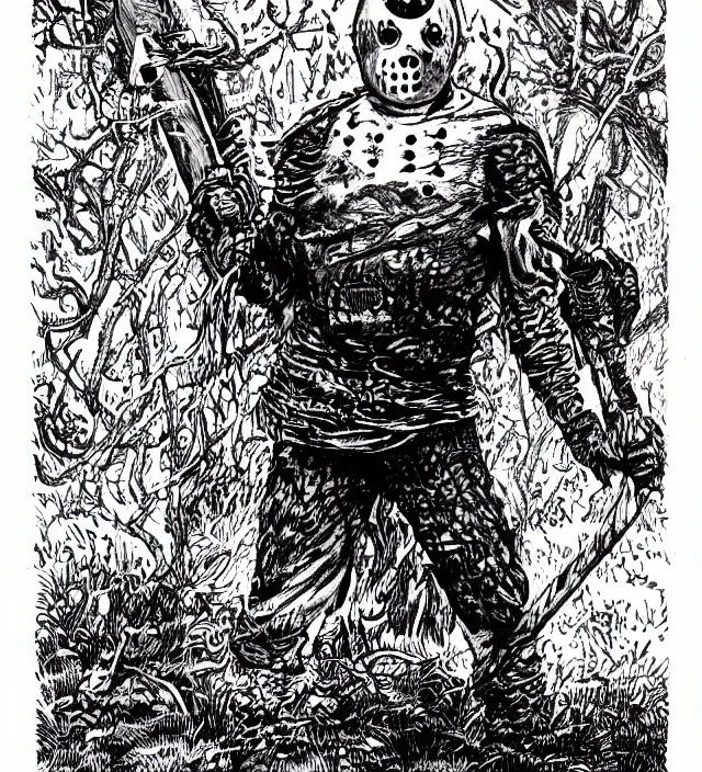 Image similar to Jason Voorhees as a D&D monster, pen-and-ink illustration, etching, by Russ Nicholson, DAvid A Trampier, larry elmore, 1981, HQ scan, intricate details, high contrast