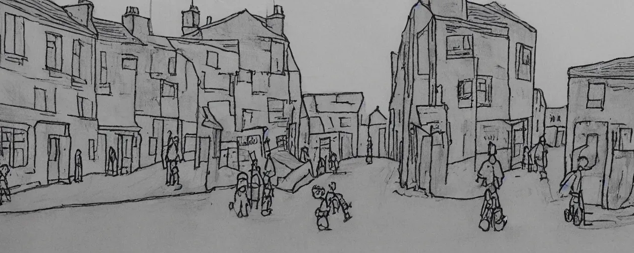 Prompt: a Child's drawing of street life in kirkwall orkney