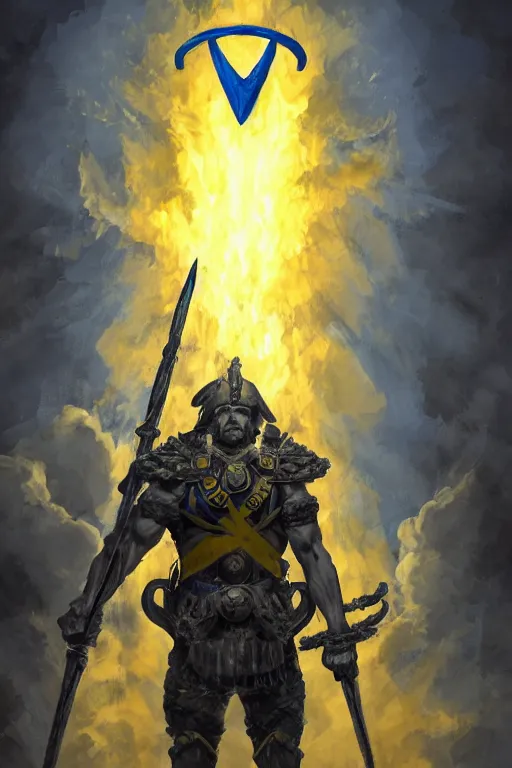 Image similar to a distant shot of a Ukrainian super soldier with blue and yellow flag behind him and a trident symbol on the chest standing alone on a huge pile of skulls posing as a winner in a beam of light from the cloudy sky, masculine muscular figure, D&D, fantasy, intricate, elegant, highly detailed, extremely detailed, digital painting, artstation, concept art, matte, smooth, hyper realistic, sharp focus, illustration, art by Artgerm and Greg Rutkowski and Alphonse Mucha