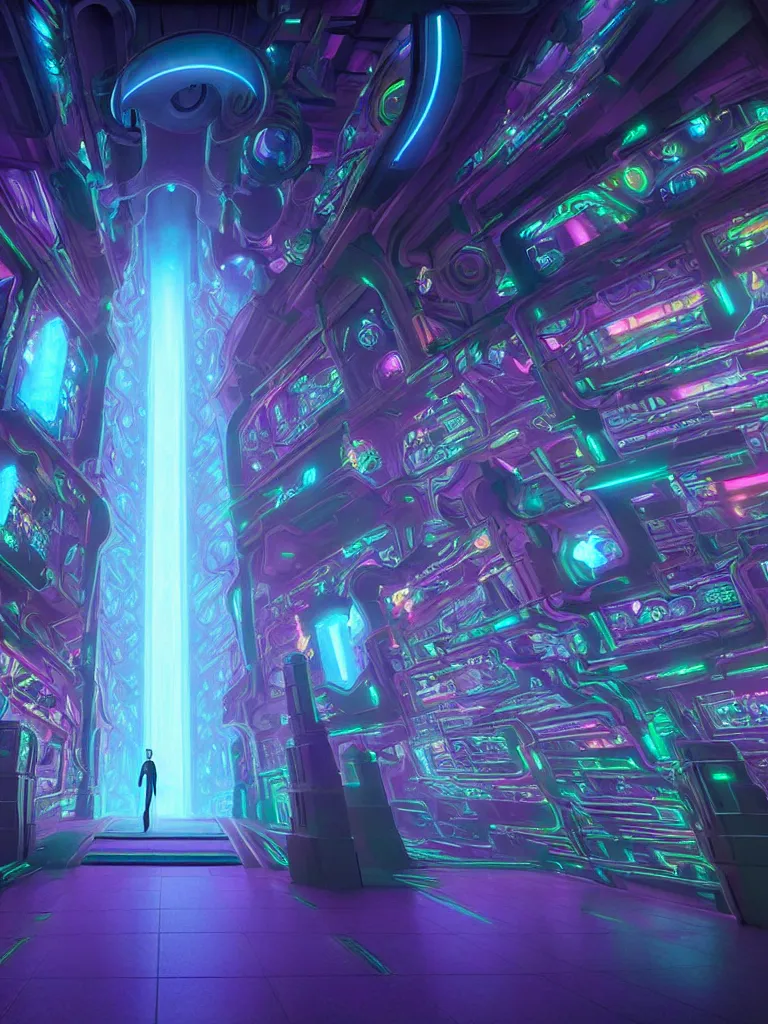 Image similar to entrance to matrix ethereal realm, ai sentient, rendered in unreal engine, central composition, symmetrical composition, dreamy colorful cyberpunk colors, 6 point perspective, fantasy landscape with anthropomorphic terrain in the styles of igor morski, jim warren and rob gonsalves, intricate, hyperrealistic, volumetric lighting, neon ambiance, distinct horizon