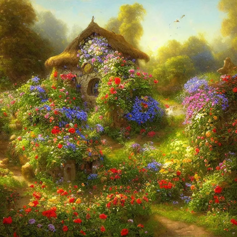 Prompt: a whimsical cottage in a flower garden by Justin Gerard, evening light