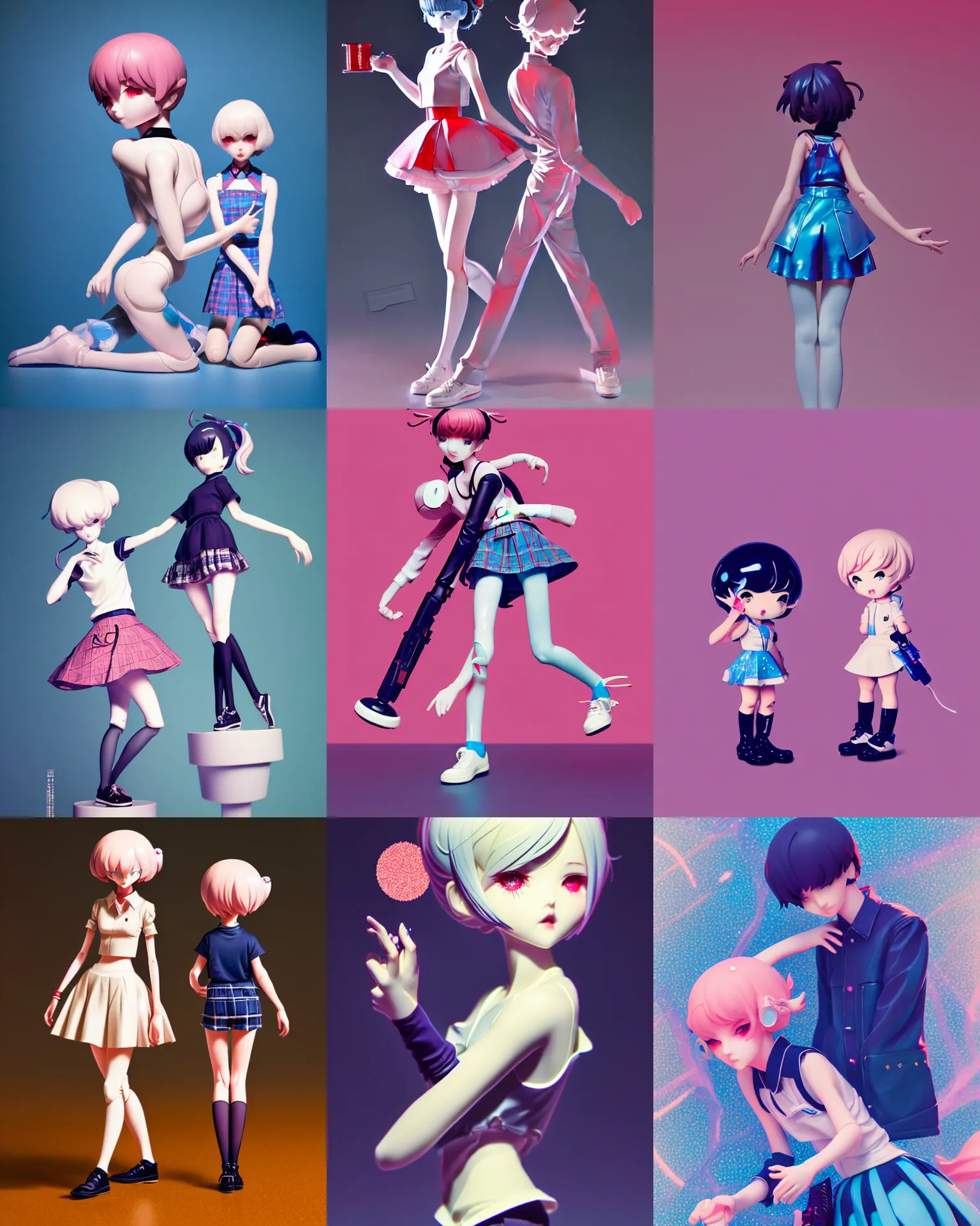 Prompt: james jean and ilya kuvshinov isolated vinyl figure cute high school girl, expert figure photography, dynamic pose, interesting color palette material effects, glitter accents on figure, anime stylized, accurate fictional proportions, high delicate defined details, holographic undertones, ethereal lighting, editorial awarded