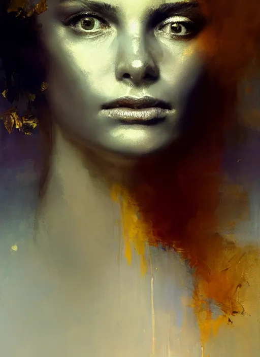 Image similar to portrait of goddess of love hovering, her body obscured by silver clouds, her eyes flaming with gold, her hair flowing and her face stern, by Jeremy Mann, stylized, detailed, loose brush strokes, warm tones, realizing, beautiful face