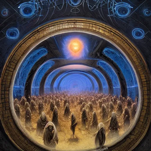 Image similar to a cylindrical quantum computer surrounded by a dark cabal of hooded elven mystics with long robes gathered in a circular formation, michael whelan art, dan seagrave art, cgsociety, artstation, epic scifi fantasy art