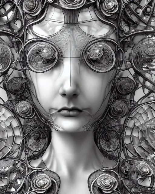 Image similar to mythical dreamy black and white organic bio - mechanical spinal ribbed profile face portrait detail of translucent steampunk beautiful female angelic - human - queen - vegetal - cyborg, highly detailed, intricate crystal ivy jelly ornate, poetic, translucent roses ornate, 3 d render, digital art, octane render, 8 k artistic photography, photo - realistic, by dora maar