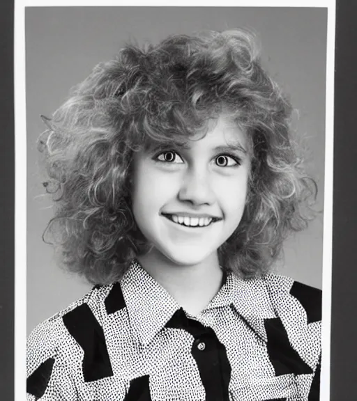 Image similar to 1 9 8 0 s highschool girl with big blonde hair, a black and white patterned shirt, magenta hair clip, yearbook photo