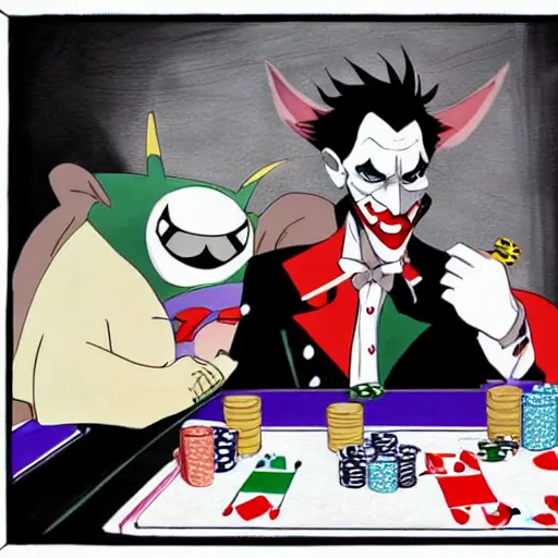 Image similar to joker playing poker with batman, studio ghibli, trending on artstation, high detalied,