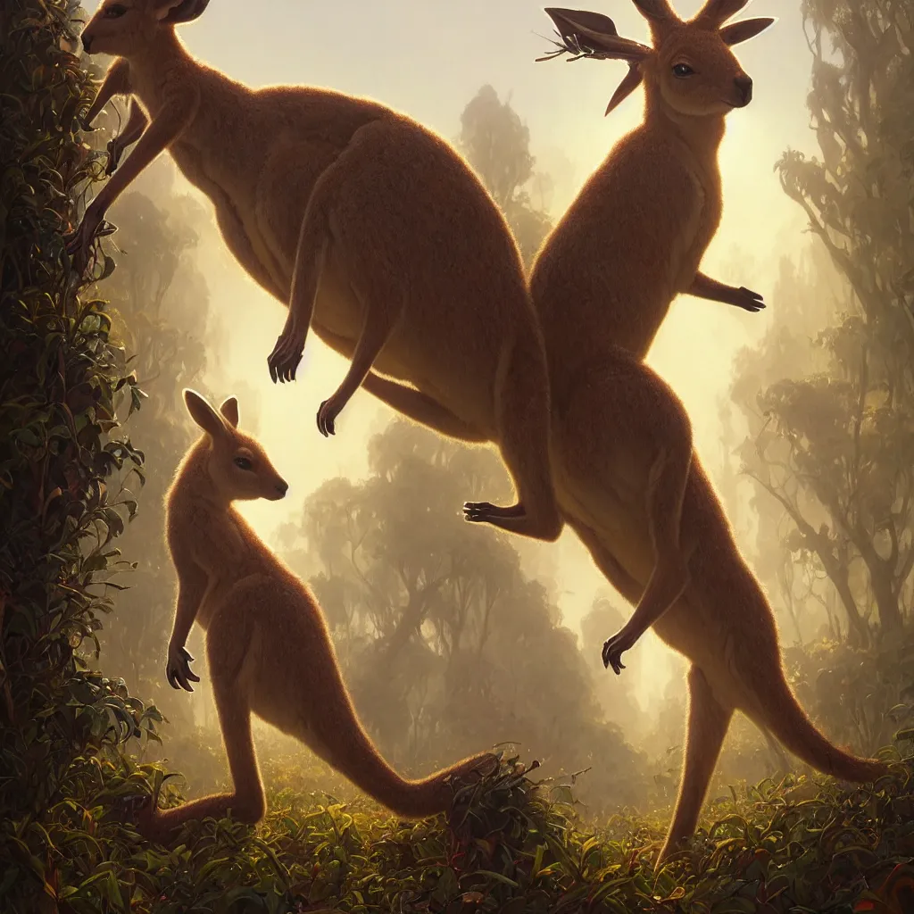 Prompt: Highly detailed portrait of a single Kangaroo wearing a Crown, Stephen Bliss, unreal engine, fantasy art by Greg Rutkowski, Loish, Rhads, ferdinand knab, Makoto Shinkai and Lois van baarle, ilya kuvshinov, rossdraws, Tom Bagshaw, alphonse mucha, global illumination, radiant light, detailed and intricate environment