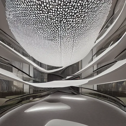 Prompt: extremely detailed ornate stunning beautiful elegant futuristic museum lobby interior by Zaha Hadid