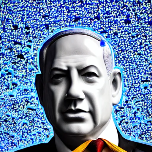 Image similar to a giant benjamin netanyahu head sculpture in the sea made out of thousands of small eyes, long shot, hyper detailed, hyper realistic, ray tracing, 8 k resolution, sharp focus, realistic water, award winning