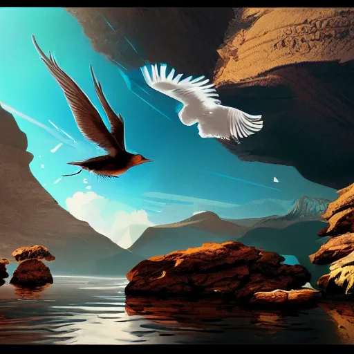 Image similar to concept art of a bird diving thru a diamond canyon, trending on artstation