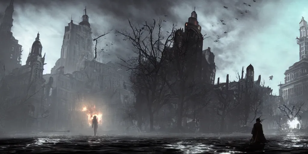 Prompt: mix between bioshock infinite and bloodborne, terrifying game, floating city