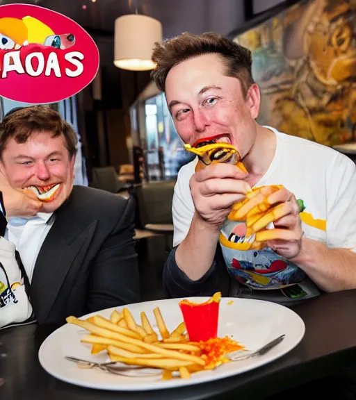 Image similar to an award winning photo of elon musk eating!! crayons!!!!!!, crayons!!!!! as ( ( french ) ) ( ( fries ) ), gourmet restaurant, 4 k, high quality