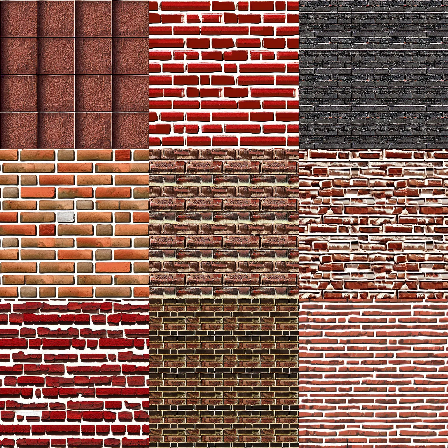 Prompt: seamless brick texture atlas, 1024 by 1024