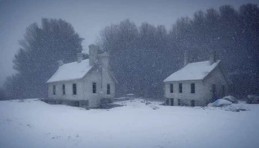 Image similar to A Desolate Cottage with light emitting from it snowed in in a wonderful winter landscape. Blizzard, Heavy snow falling, Snowstorm, Light Haze, Magical Lighting