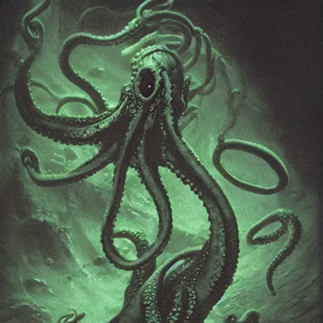 Image similar to phosphorescent skin of the tentacle squid horror, photograph created by del toro + lovecraft + realistic horrors + matte painting + dead souls