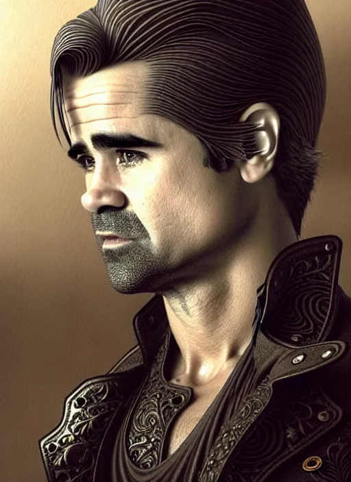 Image similar to colin farrell as a 2 1 st century aristocrat wearing boots, detailed face, d & d, wet, shiny, fantasy, intricate, elegant, hyper detailed, ultra definition, photoreal, artstation, unreal engine rendered, concept art, smooth, sharp focus, illustration, art by artgerm and greg rutkowski and alphonse mucha and garis edelweiss