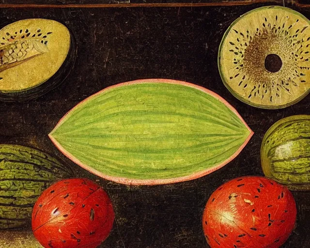 Prompt: a 1 5 th century medieval oil painting of a watermelon with lots of rind and large seeds. high quality scan