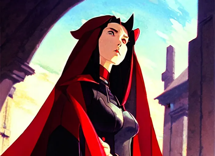 Image similar to a film still portrait of a confident sorcerer dieselpunk diesel scarlet witch, finely detailed features, closeup at the faces, perfect art, at an ancient city, gapmoe yandere grimdark, trending on pixiv fanbox, painted by greg rutkowski makoto shinkai takashi takeuchi studio ghibli, akihiko yoshida.