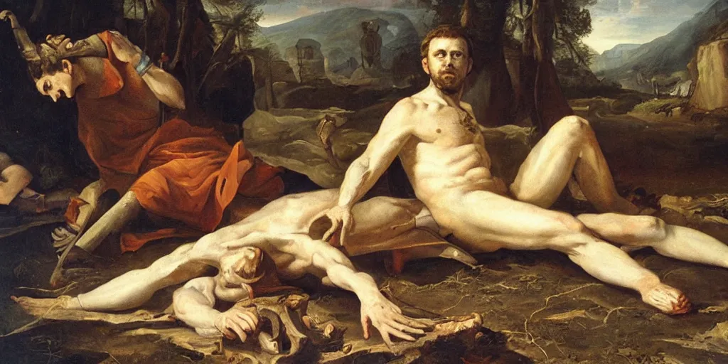 Prompt: high quality high detail painting, david next to giant goliath dead body on the floor