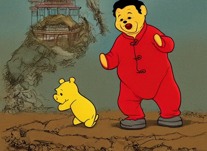 Prompt: portrait of Xi Jinping wearing a Winnie the Pooh onesie in a trashy Chinese dirt poor landfill, hungry, beta weak male, digital painting, concept art, smooth, sharp focus, illustration, from Slumdog Millionaire, by Hieronymus Bosch pastiche, horror element