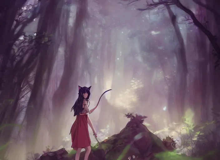 Prompt: female mage with cat ears in a forest, detailed attractive face, fantasy art, anime style, by charlie bowater, by makoto shinkai, by studio ghibli, atmospheric, digital art, 4 k film still