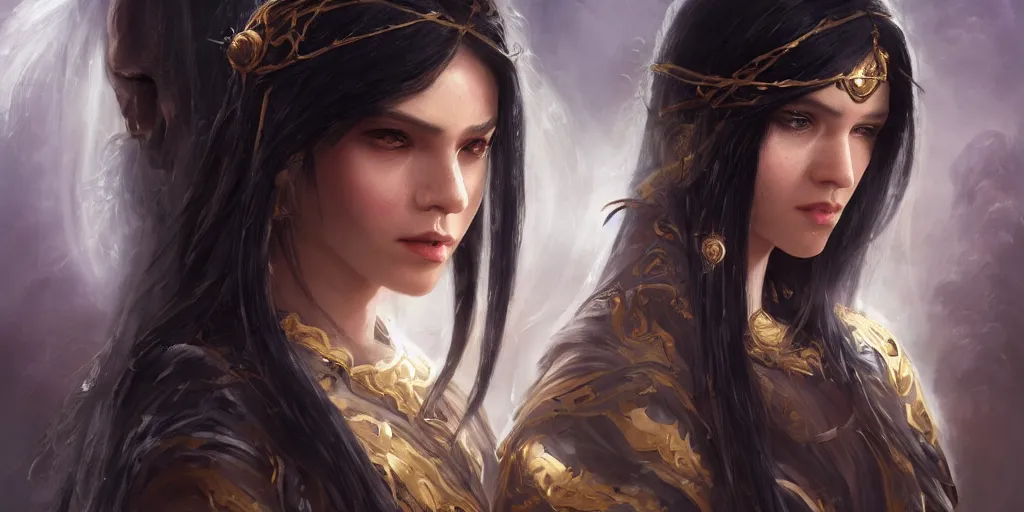 Prompt: a young beautiful oracle with long black hair weavering golden string of magic, barroque painting, ultra realistic. cinematic, dynamic. magic the gathering style. epic fantasy, insanely detailed, 4k, symmetrical face, rpg character reference. gourgeous.