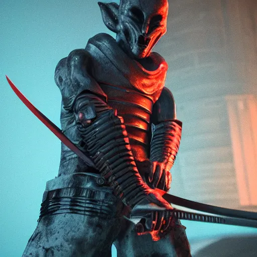 Image similar to detailed render of an alien samurai with katana in right hand staying in the abandoned concrete temple, epic lighting, sunset, gloomy, dark, neon lights glow, cryengine, unreal engine 5, octane render, trending on artstation, 8k,