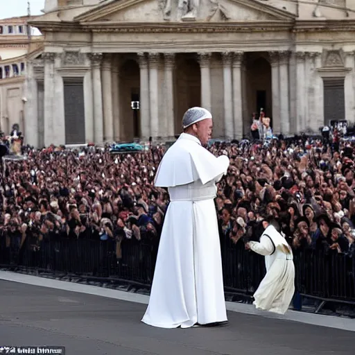 Prompt: A new pope is elected and it is Ana de Armas. She wears the Pope dress and greet the faithful in Piazza San Pietro from the Popemobile