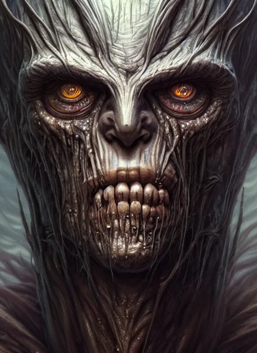 Image similar to closeup portrait shot of a wendigo in a scenic dystopian environment, intricate, elegant, highly detailed, centered, digital painting, artstation, concept art, smooth, sharp focus, illustration, artgerm, tomasz alen kopera, peter mohrbacher, donato giancola, joseph christian leyendecker, wlop, boris vallejo