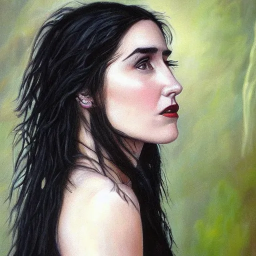 Prompt: detailed realistic oil painting youthful young jennifer connelly with black feathers instead of hair, dark fae, black lips, feathers growing out of skin, feathers growing from arms, black hands with long black claws, pale and sickly, profile view, gothic