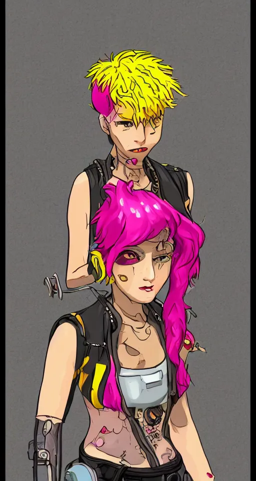 Image similar to portrait of a female gutter punk cyborg, yellow and pink, in the style of Cowboy Bebop